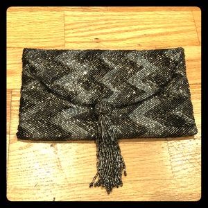 Monya chevron beaded tassel clutch gold silver